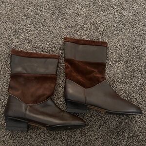 Woman’s Brown Leather & Suede Mid Calf Boots Pointed Toe Made in Spain Size 8.5